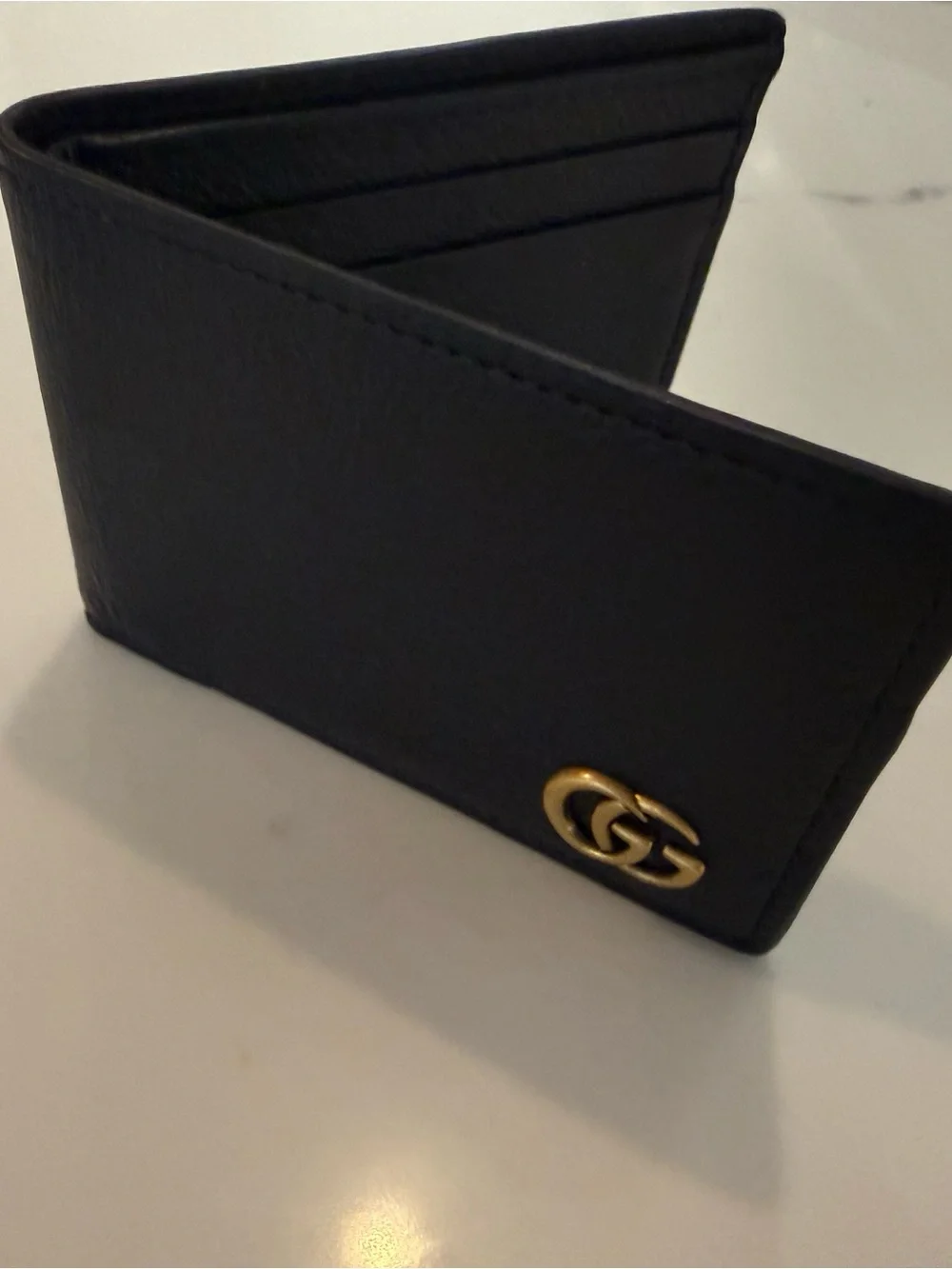 Gucci Black Pebbled Leather Bifold Wallet with Gold Double G - NEW